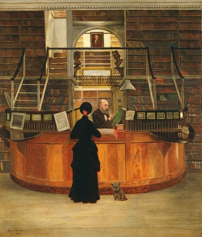 Das Innere der Logan-Bibliothek in Philadelphia, mit dem Bibliothekar Lloyd Pearsall Smith an seinem Schreibtisch von George Bacon Wood